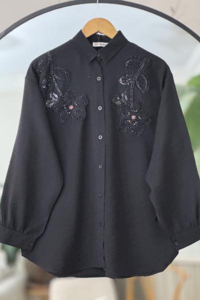 Önü nakış be taş işlemeli tesettür gömlek  Pembe DST2044