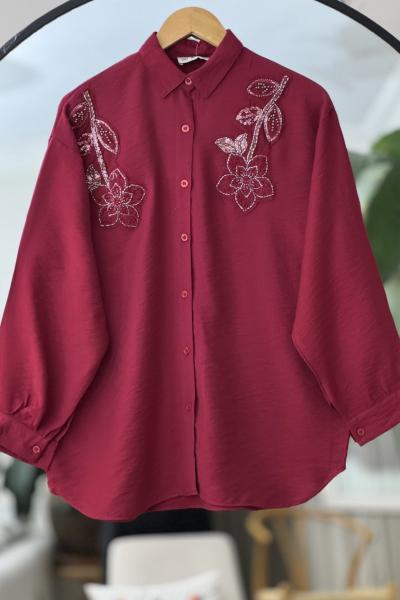 Önü nakışmaş işlemeli tesettür gömlek  Pembe DST2044