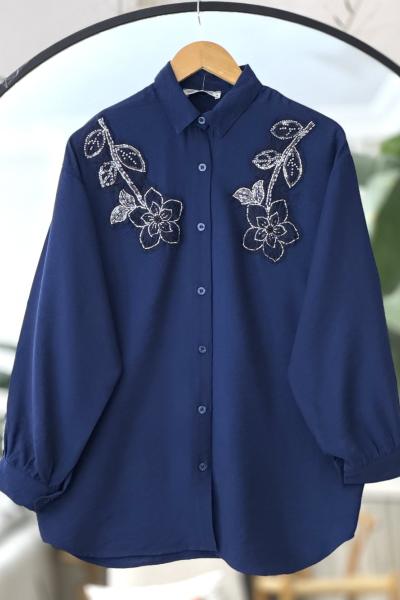Önü nakış taş işlemeli tesettür gömlek Lacivert DST2044