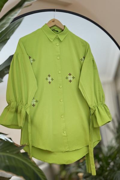 Önü Nakış işlemeli  Balon kol tunik Fıstıkyeşil  ASM30259