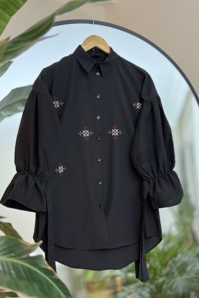 Önü Nakış işlemeli  Balon kol tunik Siyah5  ASM30259