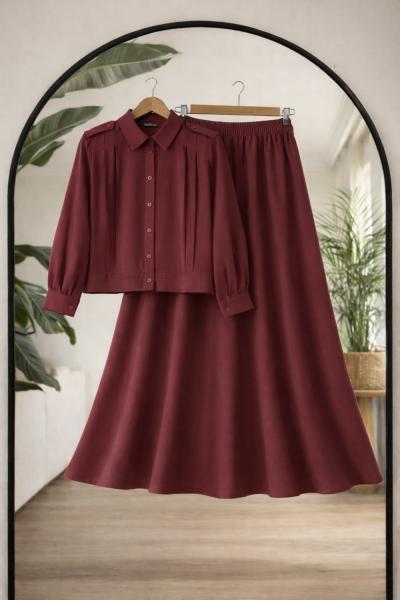 Önü nevrülü etekli Takım Bordo TCN40158