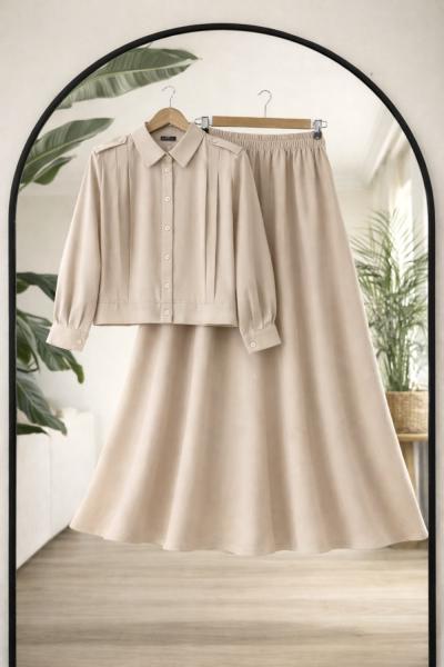 Önü nevrülü etekli Takım Bej  TCN40158