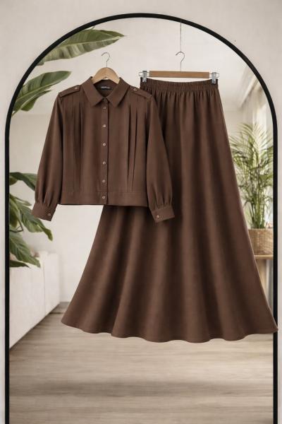 Önü nevrülü etekli Takım Kahverengi TCN40158