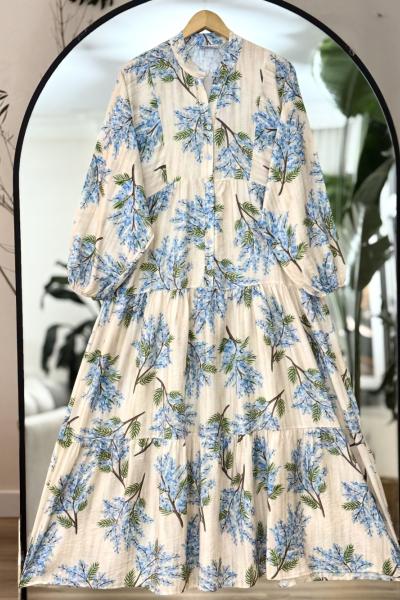 Önü yarım Düğmeli salaş lilyüm Elbise Mavi UMS50301