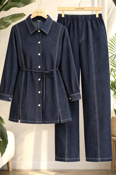 Önü Yırtmaçlı Kot Takım Lacivert TCN40170