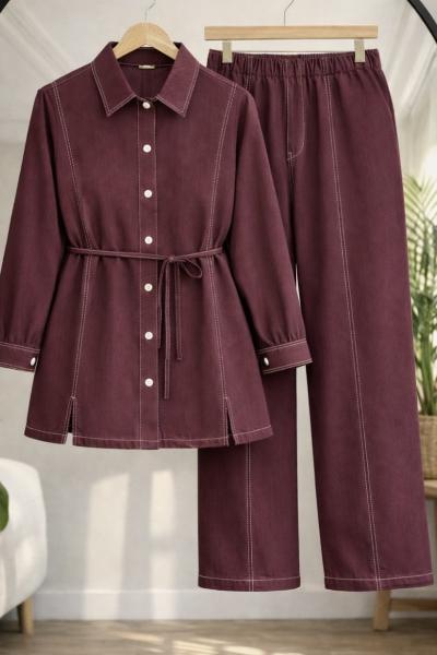 Önü Yırtmaçlı Kot Takım Bordo TCN40170