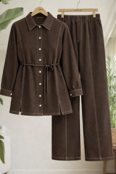 Önü Yırtmaçlı Kot Takım kahve TCN40170