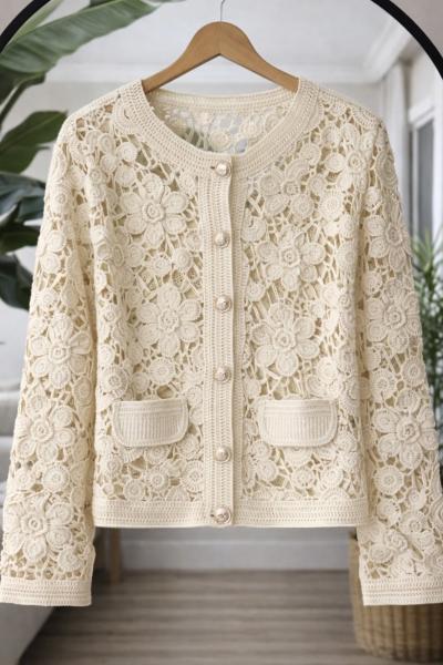 Örgü işleme cepli hırka  Bej QU30397