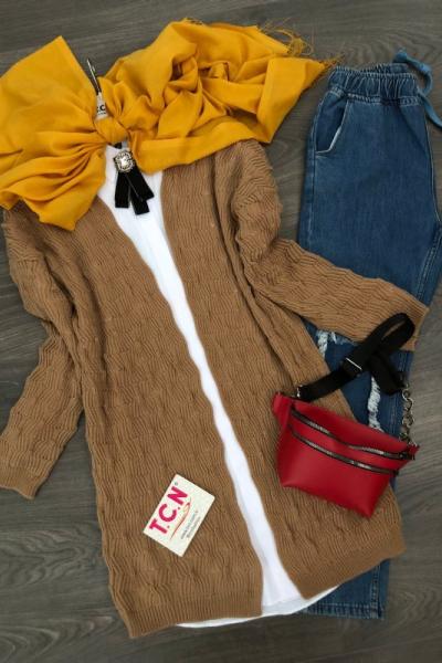 Örgülü Triko Hırka Camel   TCN1214