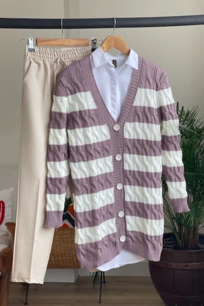 Örgülü  çizgili  hırka Lila  SLT3033