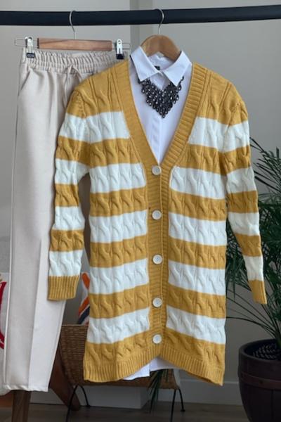 Örgülü  çizgili  hırka sarı  SLT3033