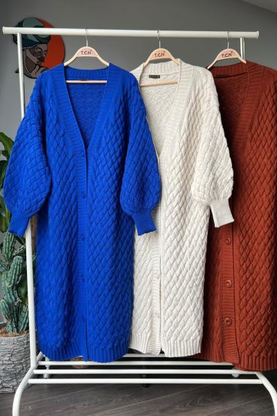 Örgülü kalın uzun  hırka saks TCN4026