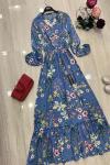 Orkide Desen Viskon Kumaş Elbise İndigomavisi UMS660