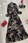 Orkide Desen Viskon Kumaş elbise Siyah UMS660