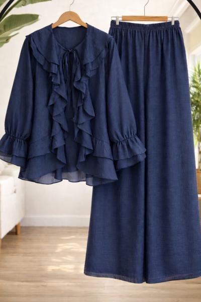 Pantolon astarlı  fırfırlı Takım Lacivert HT80101