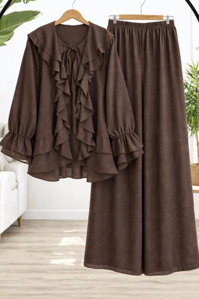Pantolon astarlı  fırfırlı Takım Kahverengi HT80101