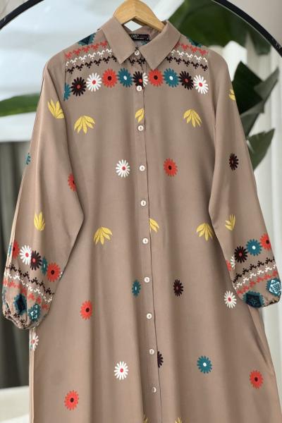 Papatya Desenli Kemerli Tesettür Elbise Vizon UMS50271