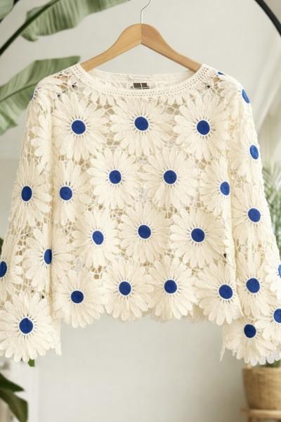 Papatya desen dantel işlemeli tunik mavi ES6550