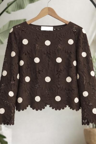 Papatya desen dantel işlemeli tunik acıkahve ES6550