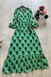 Papatya Desen Viskon Kumaş Elbise Yeşil  UMS1128