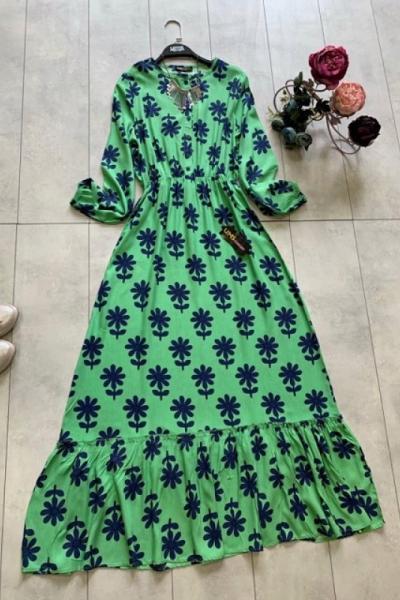 Papatya Desen Viskon Kumaş Elbise Yeşil  UMS1128