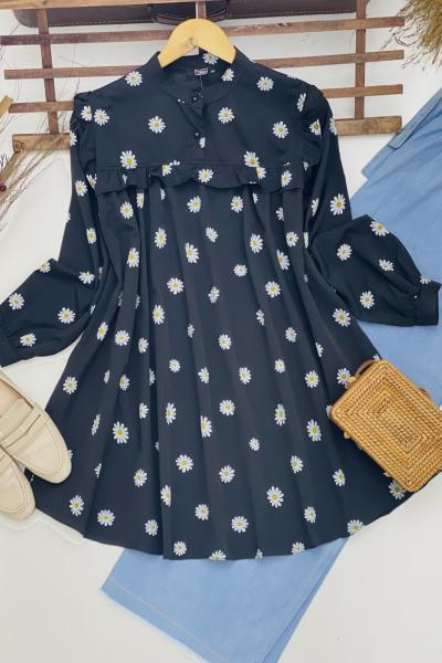 Papatya desen terikoton kumaş tunik Siyah FİX1551