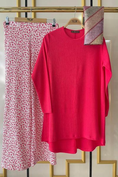 Papatya desen bürümcük kumaş ikili takımfuşyaTCN1604