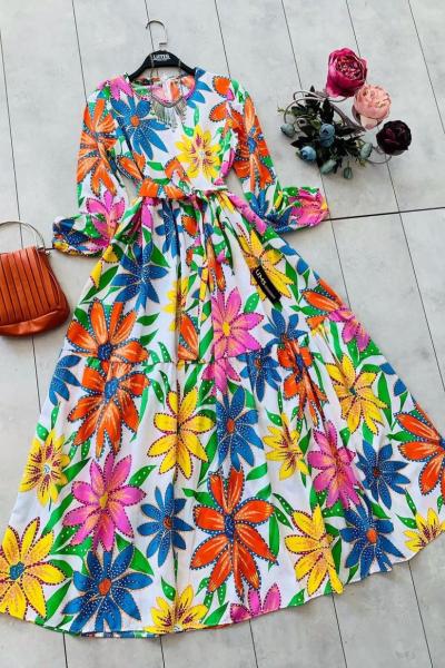Papatya desen poplin kumaş elbise ekru UMS1634
