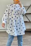 Papatya desen terikoton kumaş tunik beyaz mavi çiçekli  FİX1551