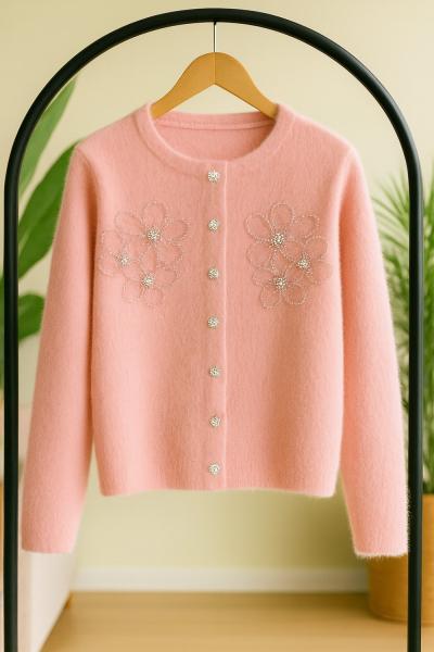 Papatya işlemeli yumoş kısa Hırka Pembe HT8035