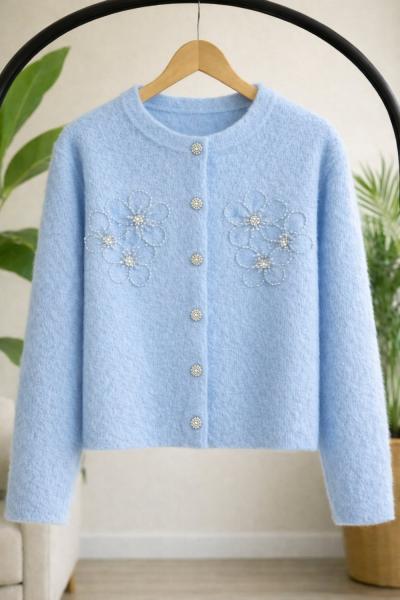 Papatya işlemeli yumoş kısa Hırka maviHT8035