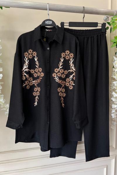 Papatya nakışlı Keten Takım Siyah UMS50236