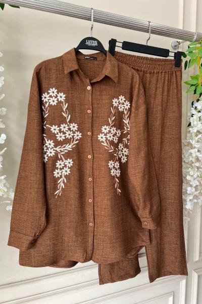 Papatya nakışlı Keten Takım kahve  UMS50236