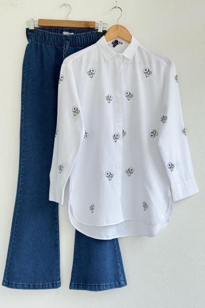 Papatya Nakışlı gömlek Beyaz SLT30325