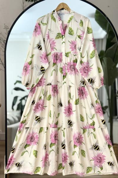 Patlı Çiçek Desneli lilyüm  Elbise Pembe UMS50309
