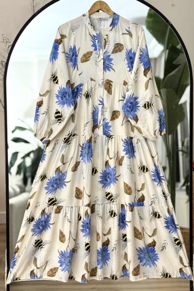 Patlı Çiçek Desneli lilyüm  Elbise Mavi UMS50309