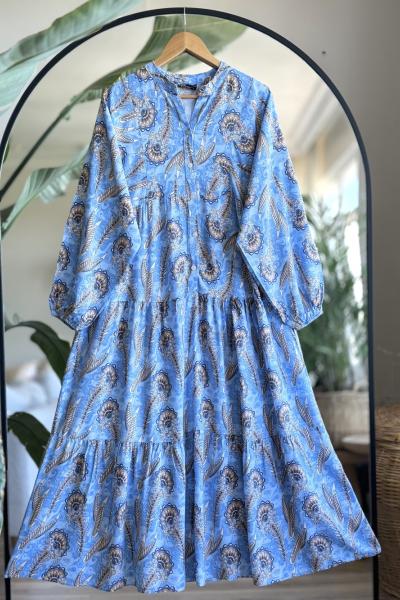 Patlı Desenli Yarım Düğemeli elbise Mavi UMS50195