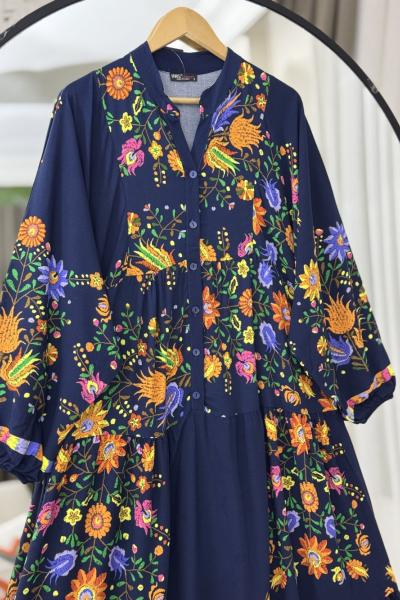 Patlı yarım Düğmeli  Desenli Elbise Lacivert UMS50261