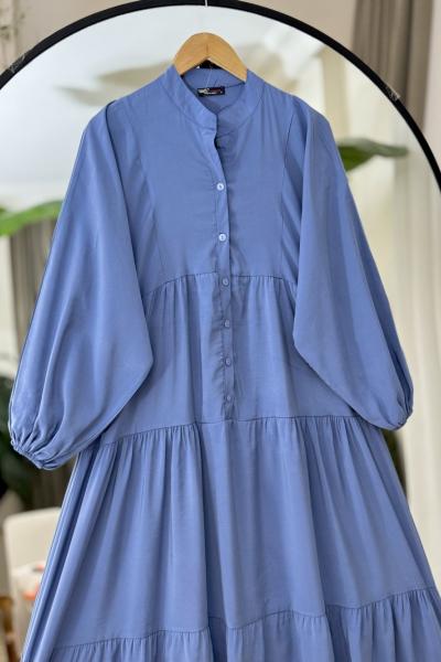 Patlı Yarım Düğmeli Salaş Elbise Mavi  UMS50263