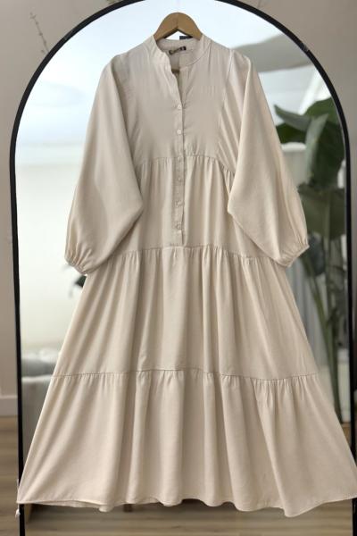 Patlı Yarım Düğmeli Salaş Elbise Bej UMS50263