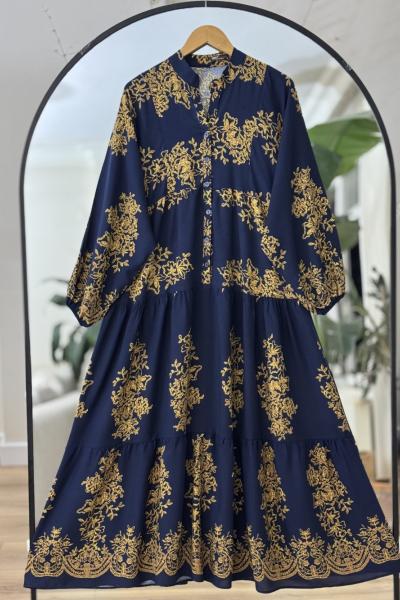 Patlı yarım düğmeli etnik desen elbise Lacivert UMS50267