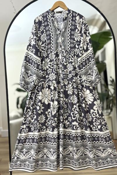 Patlı yarım düğmeli  Tesettür Elbise Antrasit UMS50268