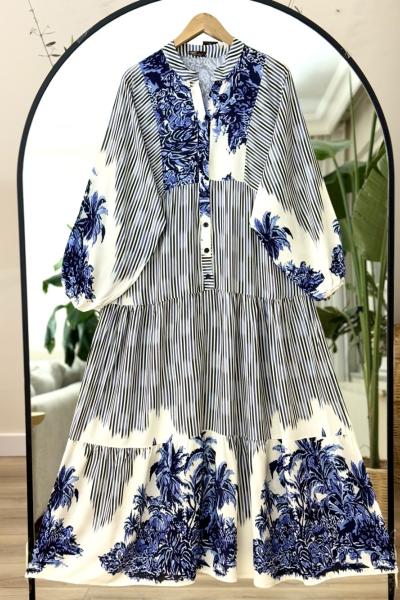 Patlı Yarım Düğmeli  Dijital Baskılı Elbise Saks UMS50272