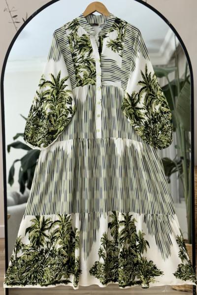 Patlı Yarım Düğmeli  Dijital Baskılı Elbise Yeşil  UMS50272