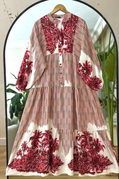 Patlı Yarım Düğmeli  Dijital Baskılı Elbise Bordo  UMS50272