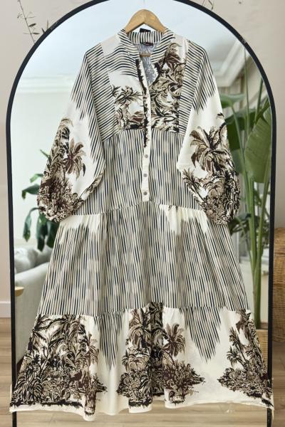 Patlı Yarım Düğmeli  Dijital Baskılı Elbise Kahve  UMS50272