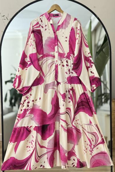 Patlı yarım düğmeli  Desenli Elbise Fuşya UMS50281