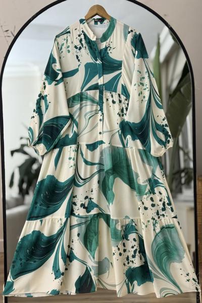 Patlı yarım düğmeli  Desenli Elbise Yeşil  UMS50281