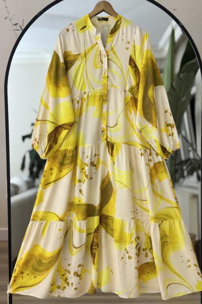 Patlı yarım düğmeli  Desenli Elbise Sarı UMS50281